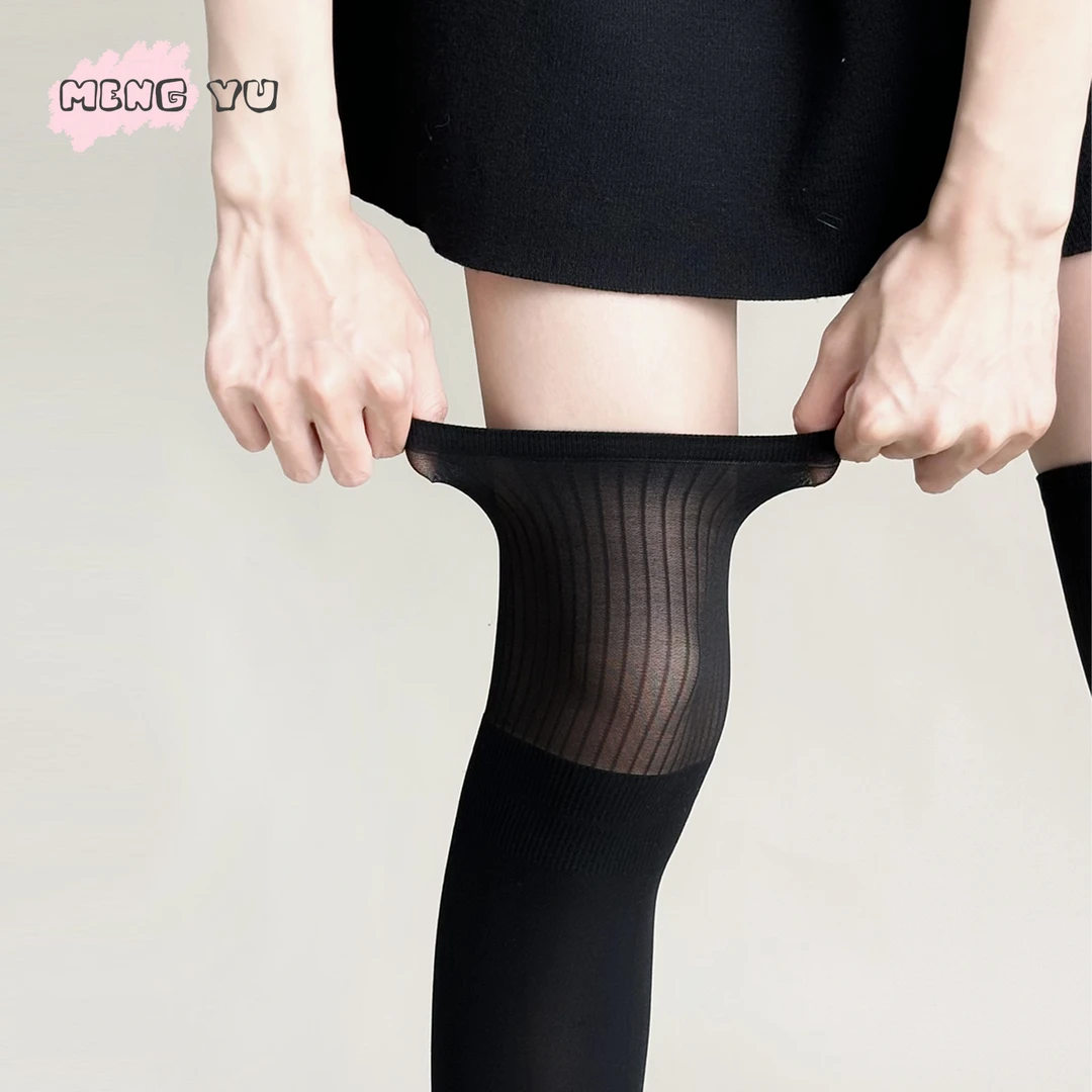 萌欲性感纯色拼接条纹半截过膝袜长筒薄款透肉大腿黑丝ins女辣妹