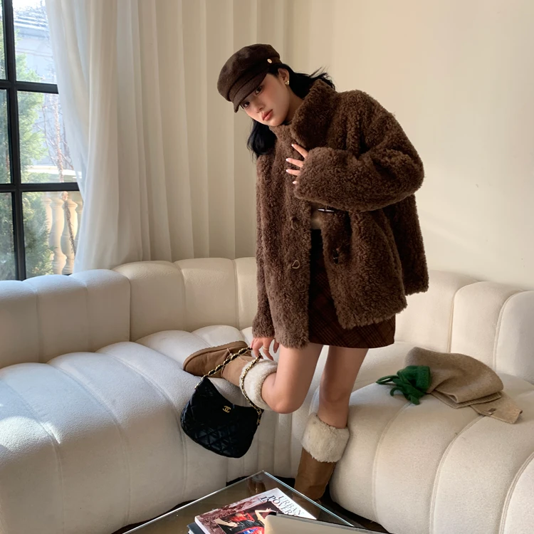 美拉德毛毛外套秋冬季新款中长款牛角扣复古李玲上衣