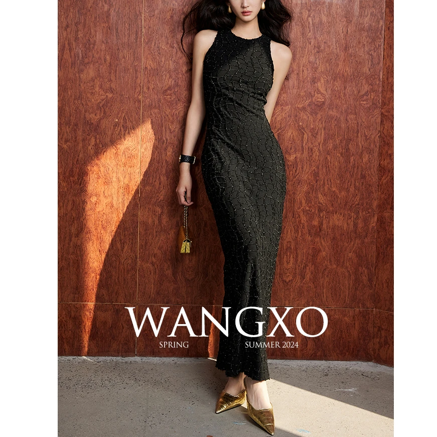 定制弹力亮丝流苏方格丨圆领削肩修身显瘦气质收腰连衣裙