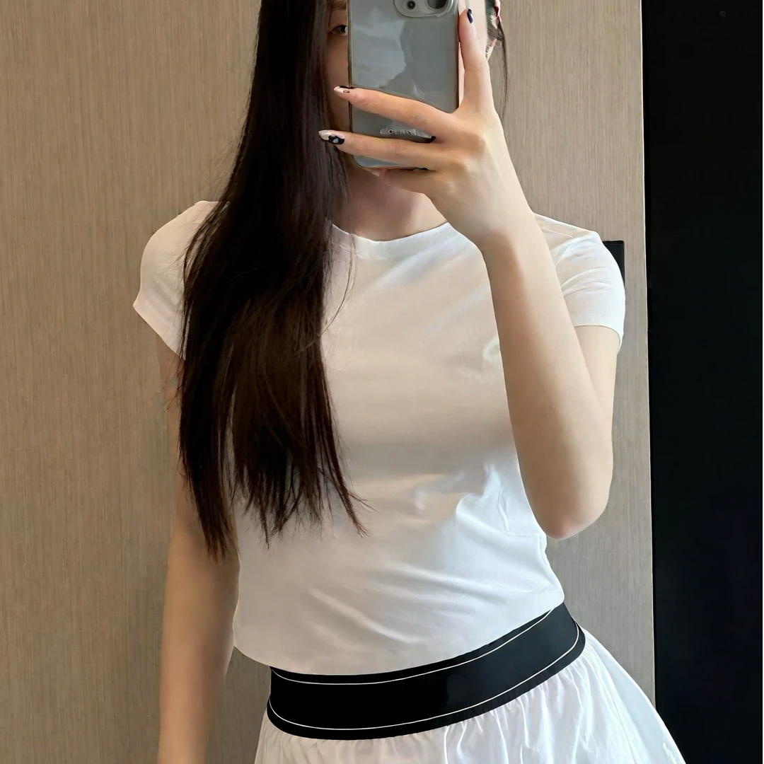 【YK】AU 25背后字母印花短款百搭休闲修身T恤