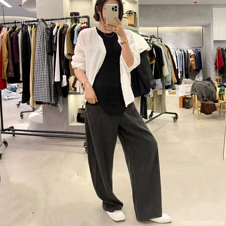 PENNYPENG多瑙河之夜春季天丝显瘦时尚百搭黑色高腰休闲阔腿裤