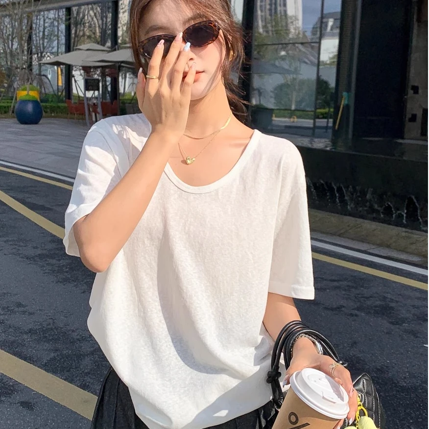 白色竹节棉v领t恤女短袖夏季薄款2025年新款半袖宽松棉麻冰丝上衣