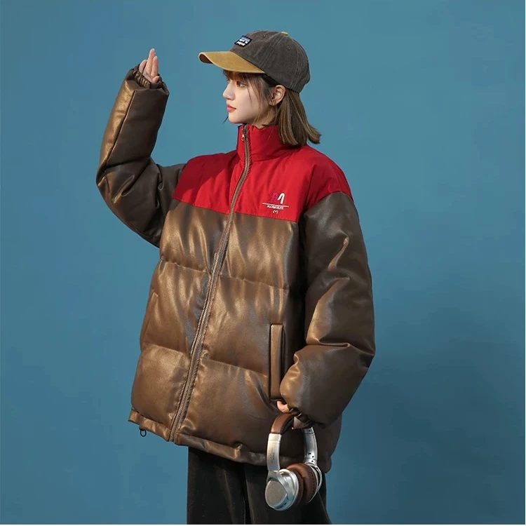 【MY02】美式撞色设计感字母刺绣PU立领皮衣棉服~男女同穿