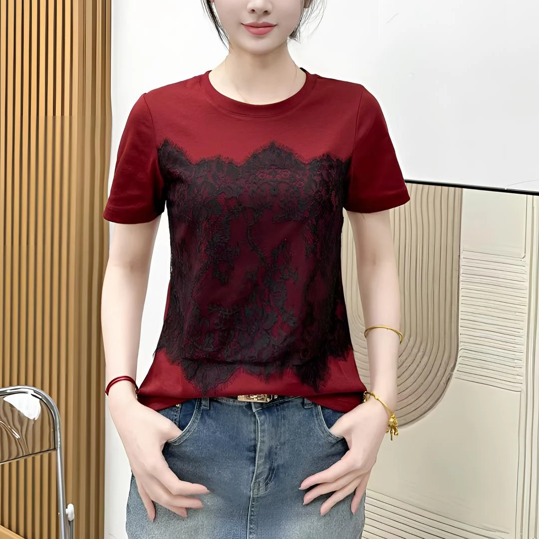 玲子家  5825 蕾丝拼接圆领正肩短袖t恤女2025设计感修身显瘦上衣