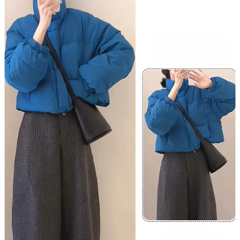 法式高级感时尚气质加厚保暖宽松孔雀蓝棉服格子长裤冬新款套装女