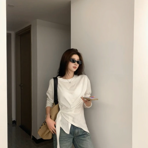 【休闲假日T恤】春季薄款宽松时尚绑带慵懒T恤C 8513#