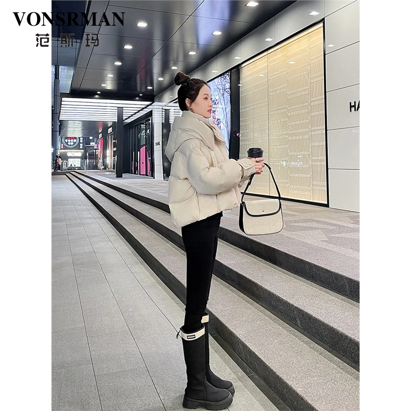 白色羽绒服女短款小个子2025冬季新款连帽加厚90白鸭绒面包服外套