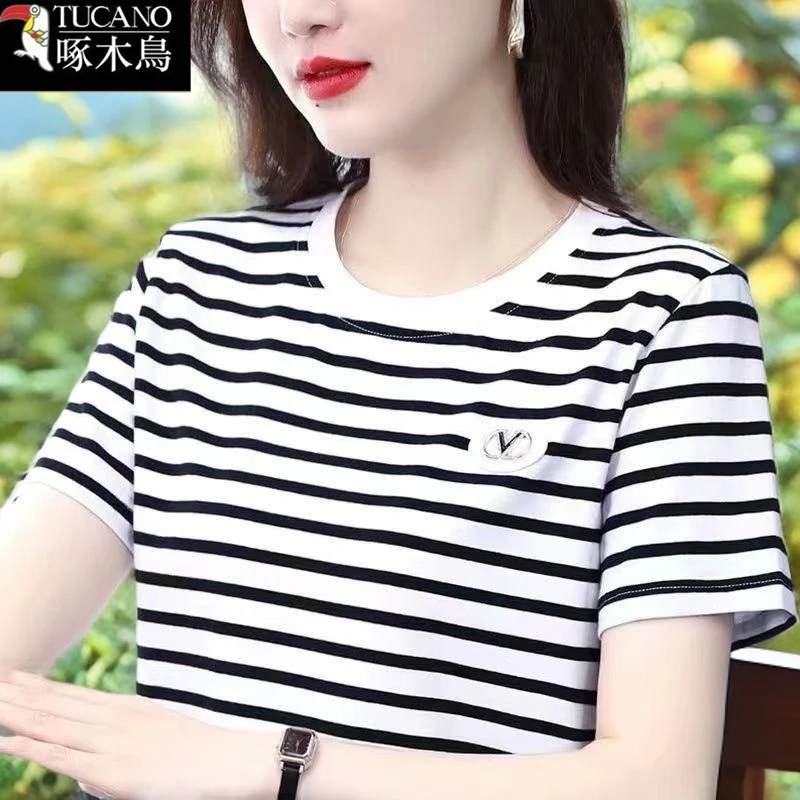 啄木鸟条纹撞色短袖圆领女T恤2025年新款显瘦打底衫夏季百搭上衣