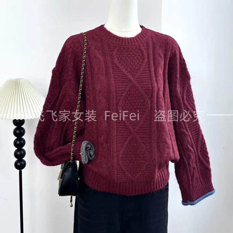 飞飞家1撞色袖边麻花织！！品牌订单~高级气质#毛衣女T178红