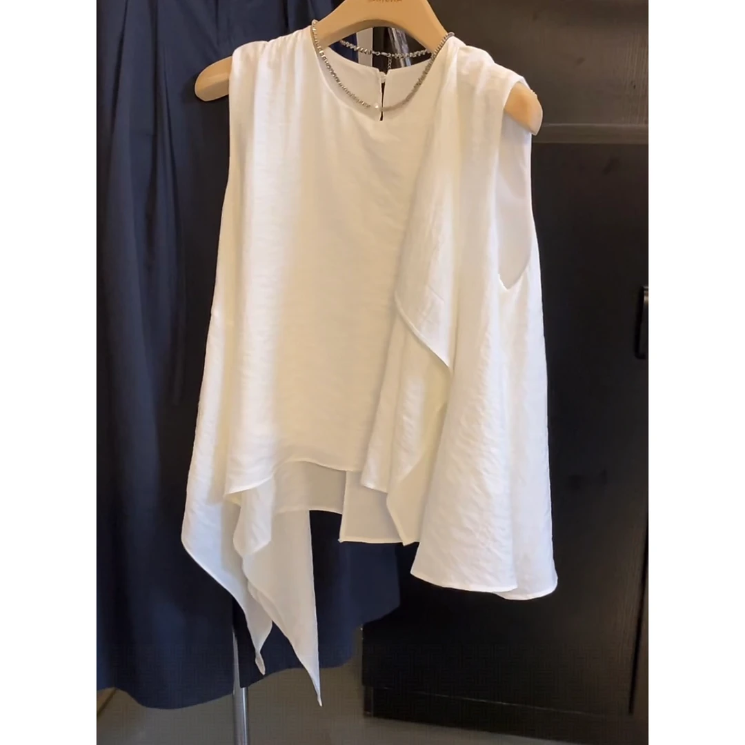 2025小众设计感不规则荷叶边飘带衬衫百搭无袖小衫飘逸夏季上衣女