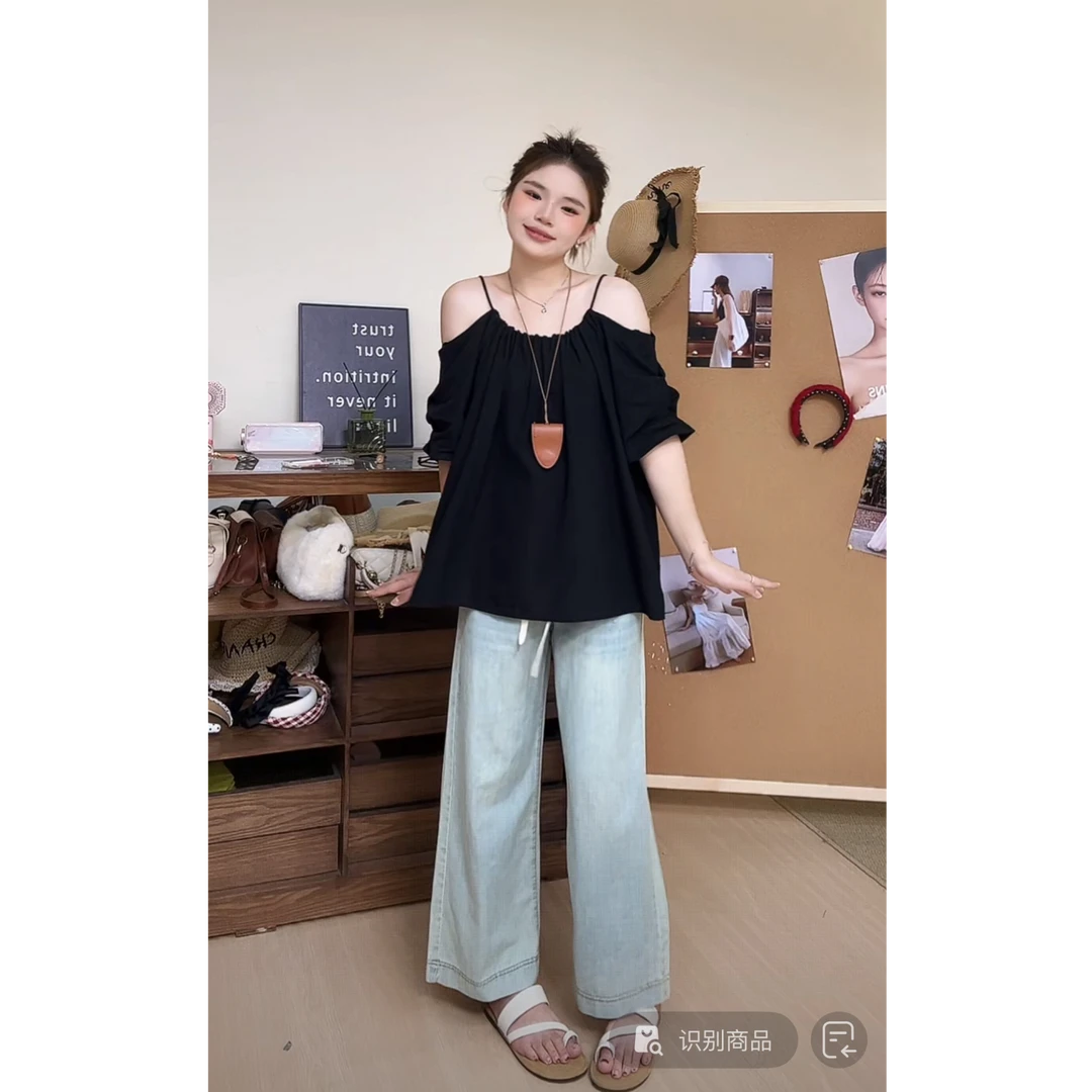 2025夏季韩版时尚大码露肩吊带短袖T恤胖mm+复古软牛仔阔腿裤套装