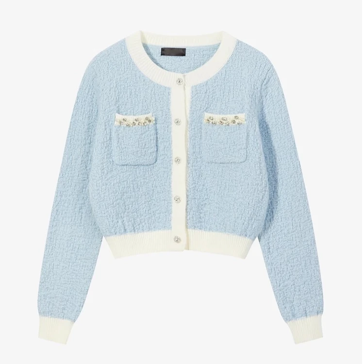 时尚小香风韩系气质蓝白撞色肌理感金属扣针织珠子毛衣6616