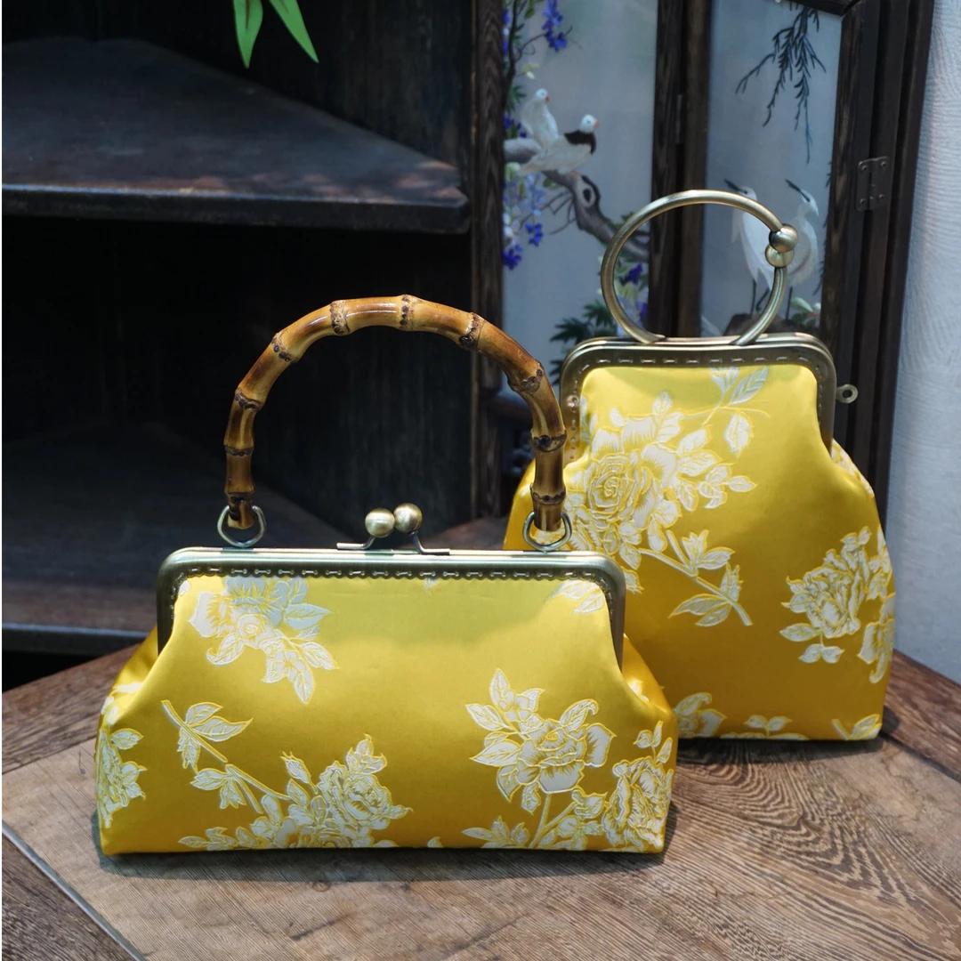 贵气黄提花缎复古国风百搭手工包包口金包旗袍汉服搭配