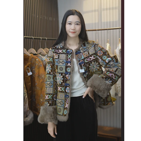 兔毛双面穿皮草外套 重工满绣刺绣圆领新中式国风改良版唐装上衣