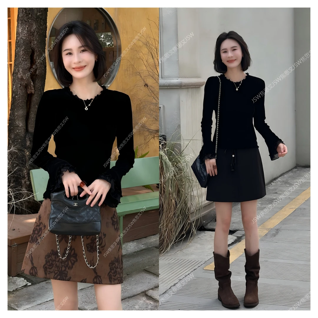 焦思文 秋季时尚洋气显瘦百搭拼接蕾丝袖口丝绒上衣250902Y2