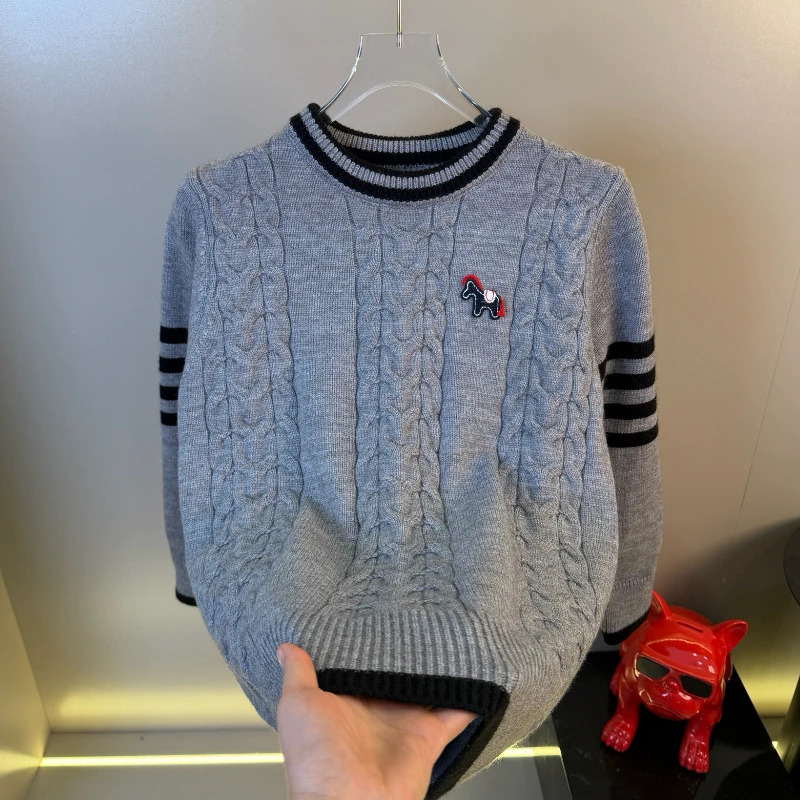 高档新款欧货圆领毛衣男士秋冬季时尚洋气拼色保暖针织打底衫潮流