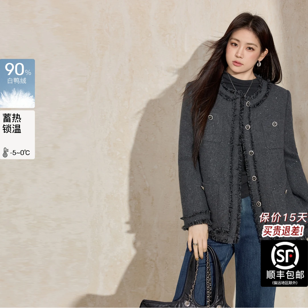 蓝语大码女装气质小香风90绒羽绒服25冬粗花呢保暖羊毛外套轻装滑