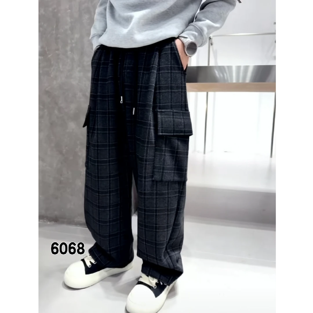 复古格子垂感直筒休闲裤男秋冬新款宽松百搭阔腿裤男士长裤6068