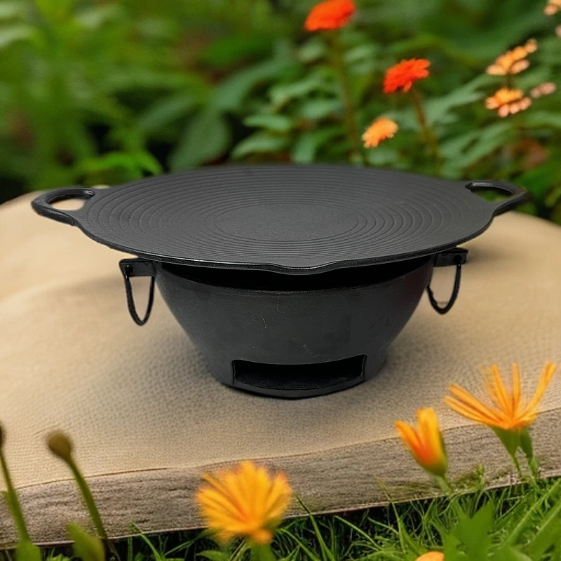 铸铁户外露营螺纹烤肉盘韩式电磁炉烧烤盘不粘煎盘无涂层铁板烧锅