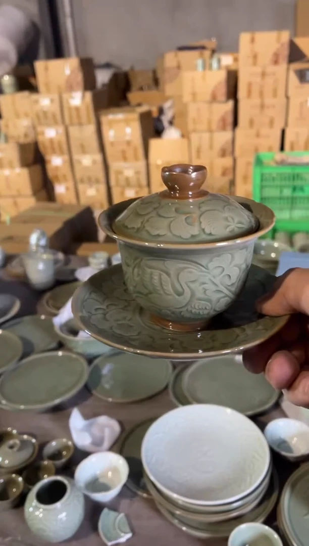 【闪购商品】瓷纯手工刻花鹤鹿同春三才盖碗