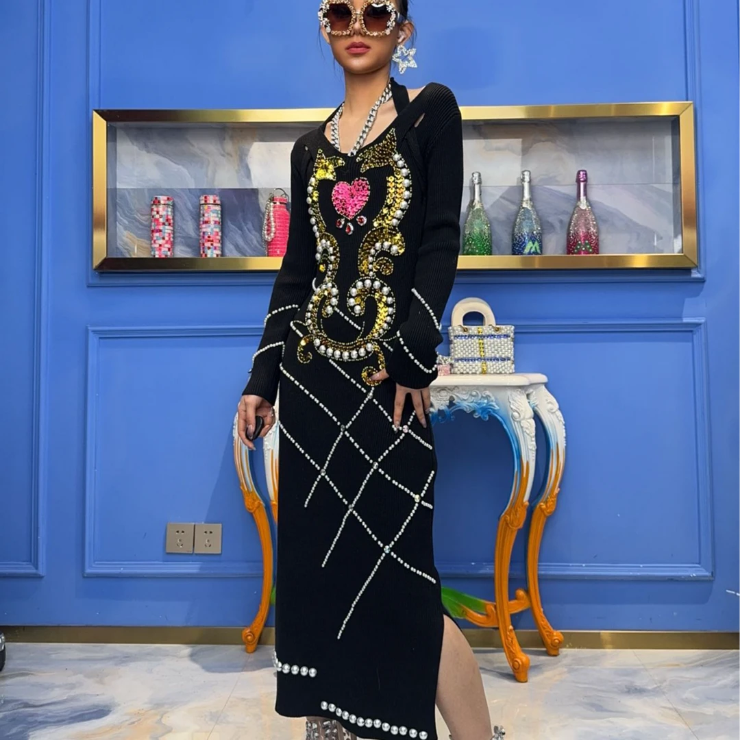 A81065 设计师连卡佛手工刺绣闪钻爱心时尚女性气质减龄连衣裙