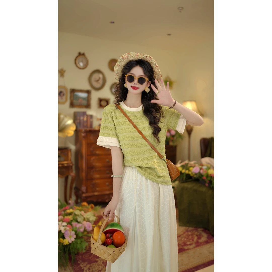 扣子家【青柠雨巷】夏季短袖女t恤宽松休闲圆领显瘦上衣女KE042531