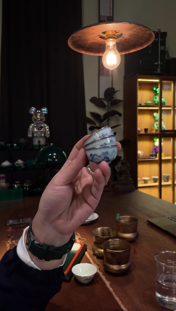 包铜青花山水小杯3只款