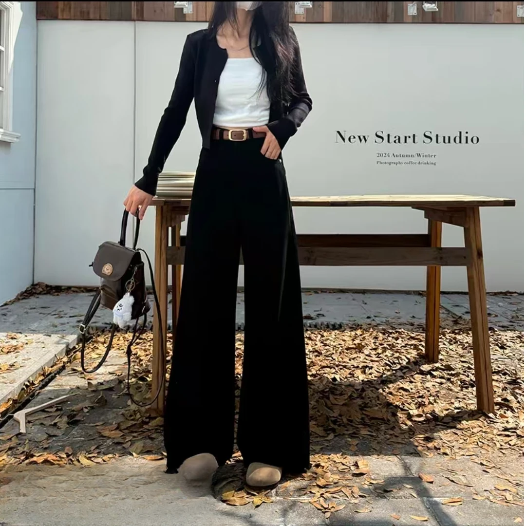 秋冬加绒加厚百搭带盖高腰阔腿裤牛仔女裤宽松黑色显瘦型