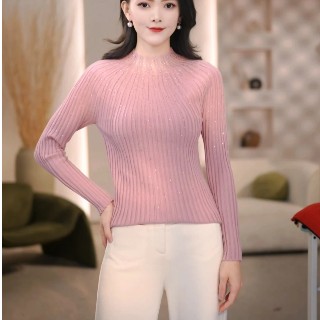 半高领2025春秋半透精致女人闪闪显瘦打底套头长袖针织毛衫
