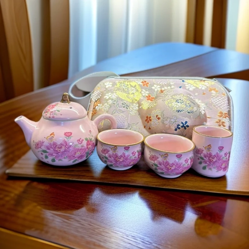 粉牡丹一壶三杯旅行套 带刺绣包2585家用茶杯家用茶杯手工轻奢