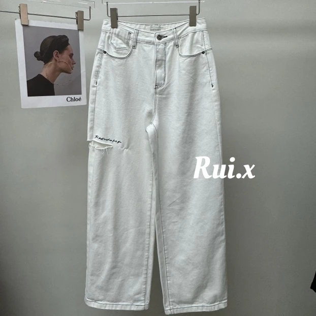 RX高腰直筒破洞休闲牛仔裤7082