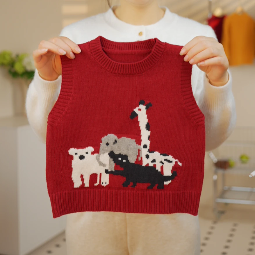 儿童卡通针织马甲2025冬新款红色可爱男女童内搭圣诞装拜年服毛衣