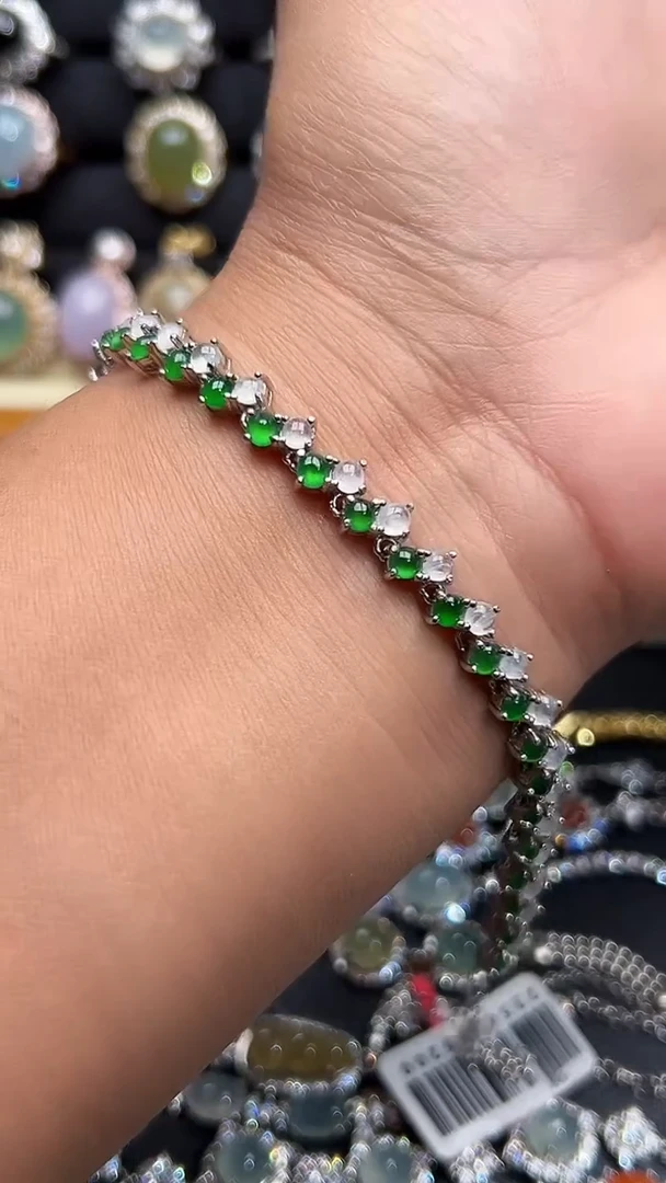 银S925镶嵌手链翡翠缅甸天然A货翡翠S925银镶嵌