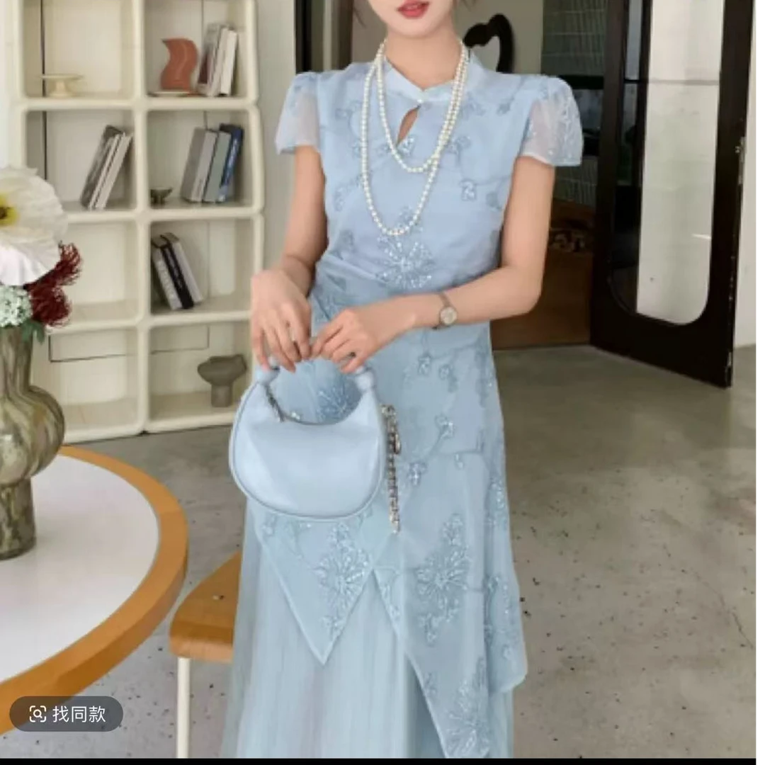 【TT-歌谣连衣裙】新中式国风时尚刺绣亮片改良旗袍连衣裙气质收腰