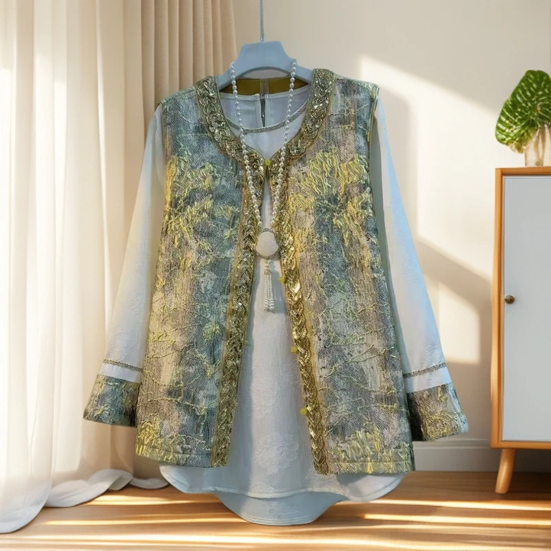 2025秋季长袖加绒上衣厚款圆领提花加棉马甲重工提花显气质两件套