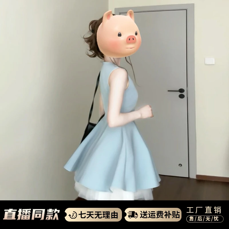 法式甜辣妹无袖拼接连衣裙女夏日绝美生日芭蕾裙收腰网纱蓬蓬裙子