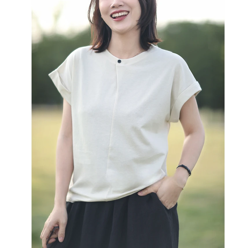 欧货极简设计感细节吸睛棉质文艺休闲宽松圆领短袖T恤女夏季百搭