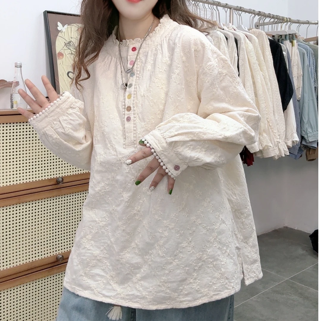 加厚木耳领刺绣绣花衬衫上衣春秋宽松衬衣春季小众秋季时尚