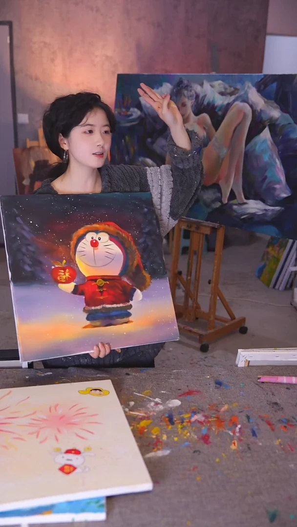 【闪购商品】油画新年哆啦丙烯画纯手绘