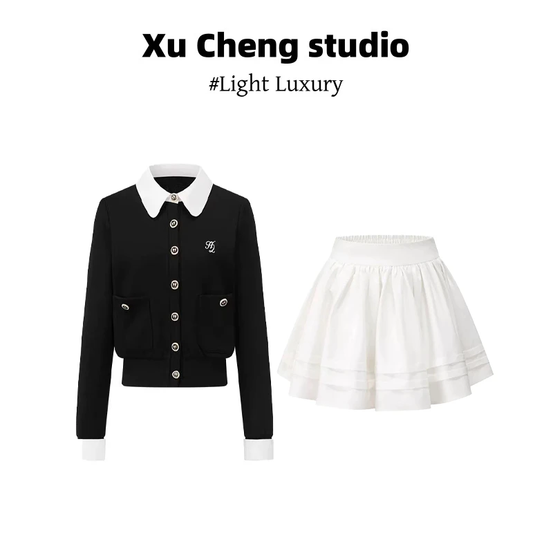 Xu Cheng2025穿搭polo领假两件撞色针织开衫毛衣小众百搭短裙女款