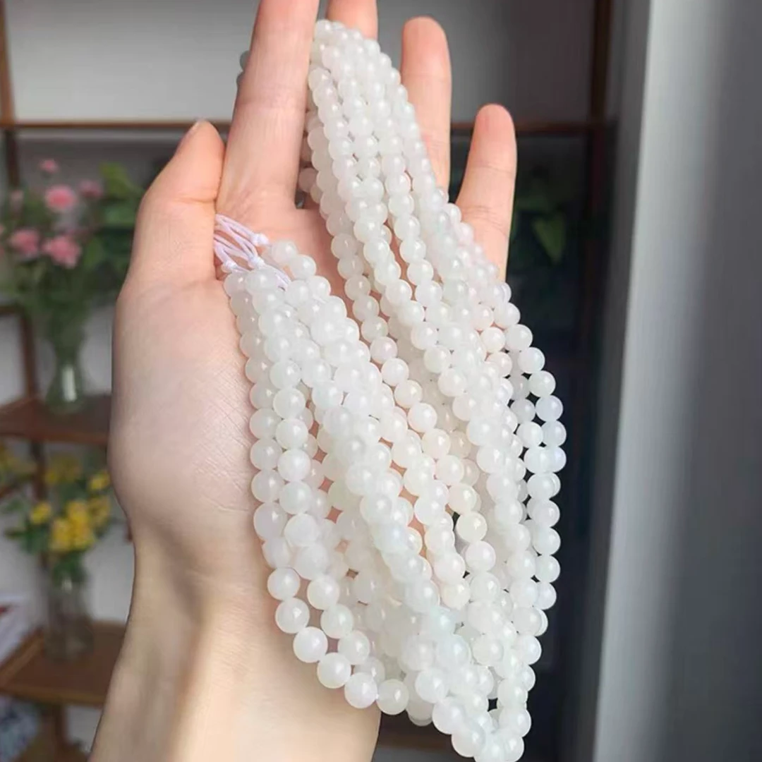 新疆天然和田玉白玉108卡6mm项链