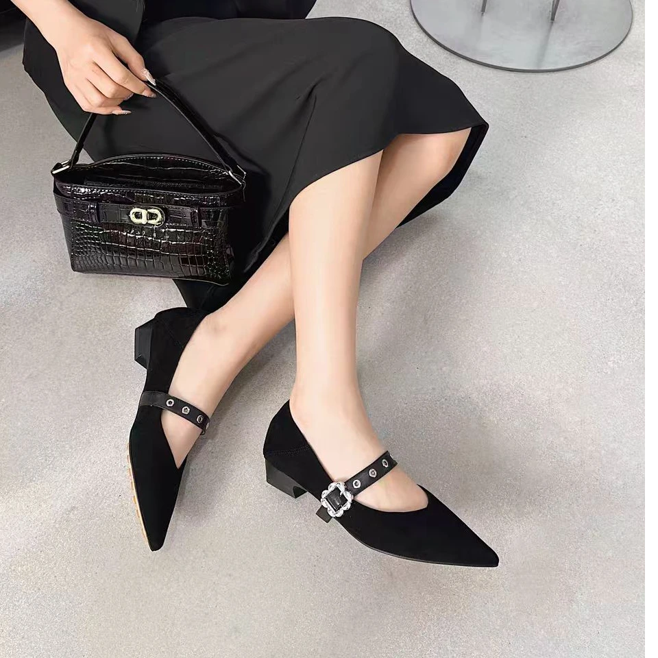 3187-MGG新款法式复古尖头低跟一字扣带浅口玛丽珍真皮