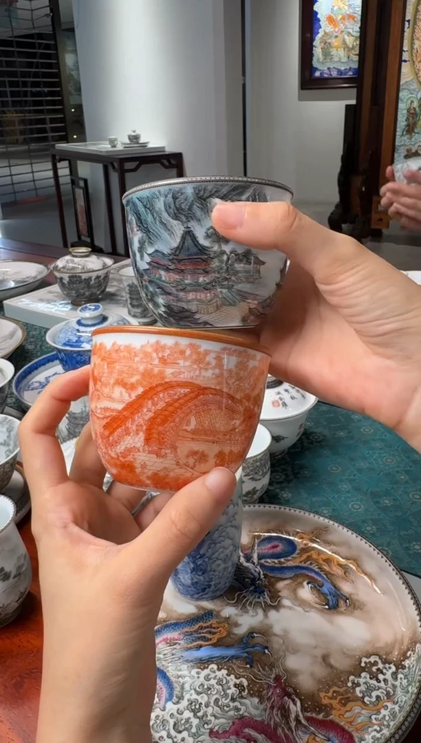 M****e手绘矾红清明上河图缸杯