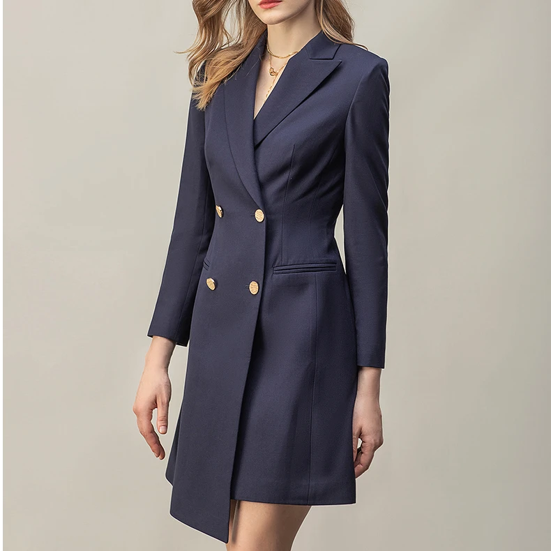 Q11369秋季新款藏青色职业装连衣裙女修身双排扣长袖风衣西装裙E