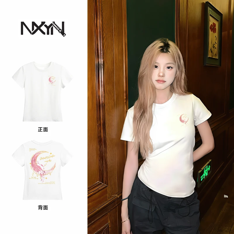 韩系夏季休闲T恤创意月亮印花白色显瘦正肩短袖圆领修身t恤女