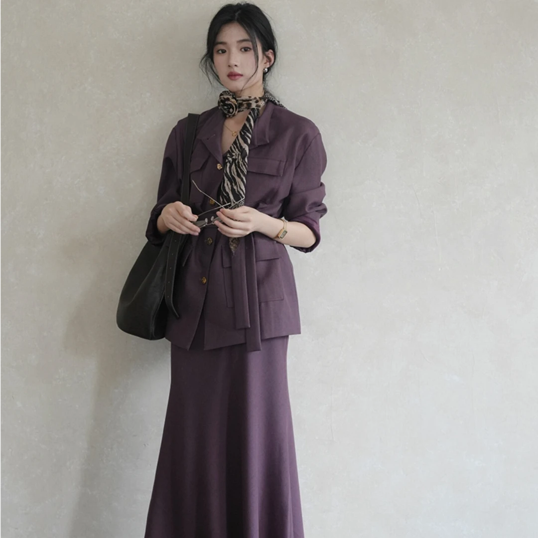 法式复古老钱风套装女2025秋冬新款气质紫色西装外套半身裙两件套