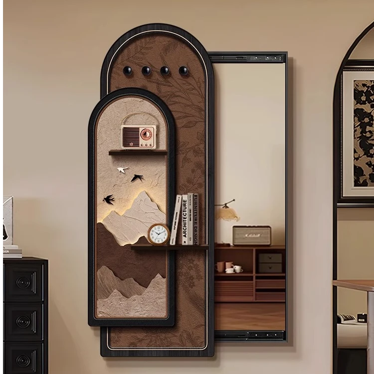2025新款隐藏式全身镜玄关装饰画置物架可关闭的穿衣镜洞洞板镜子