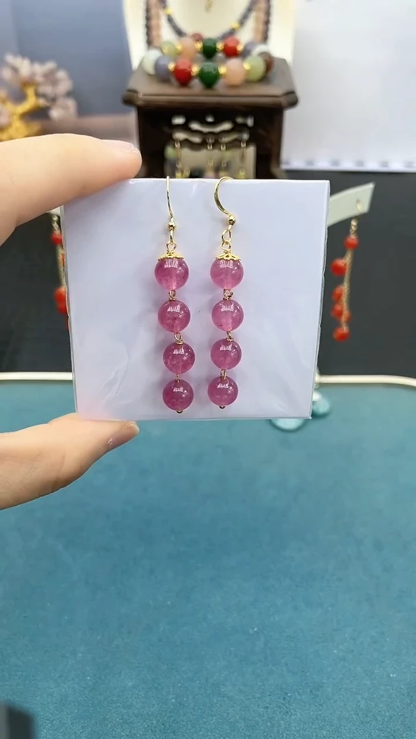 碧玺耳饰14K金镶嵌玫红四珠耳钩