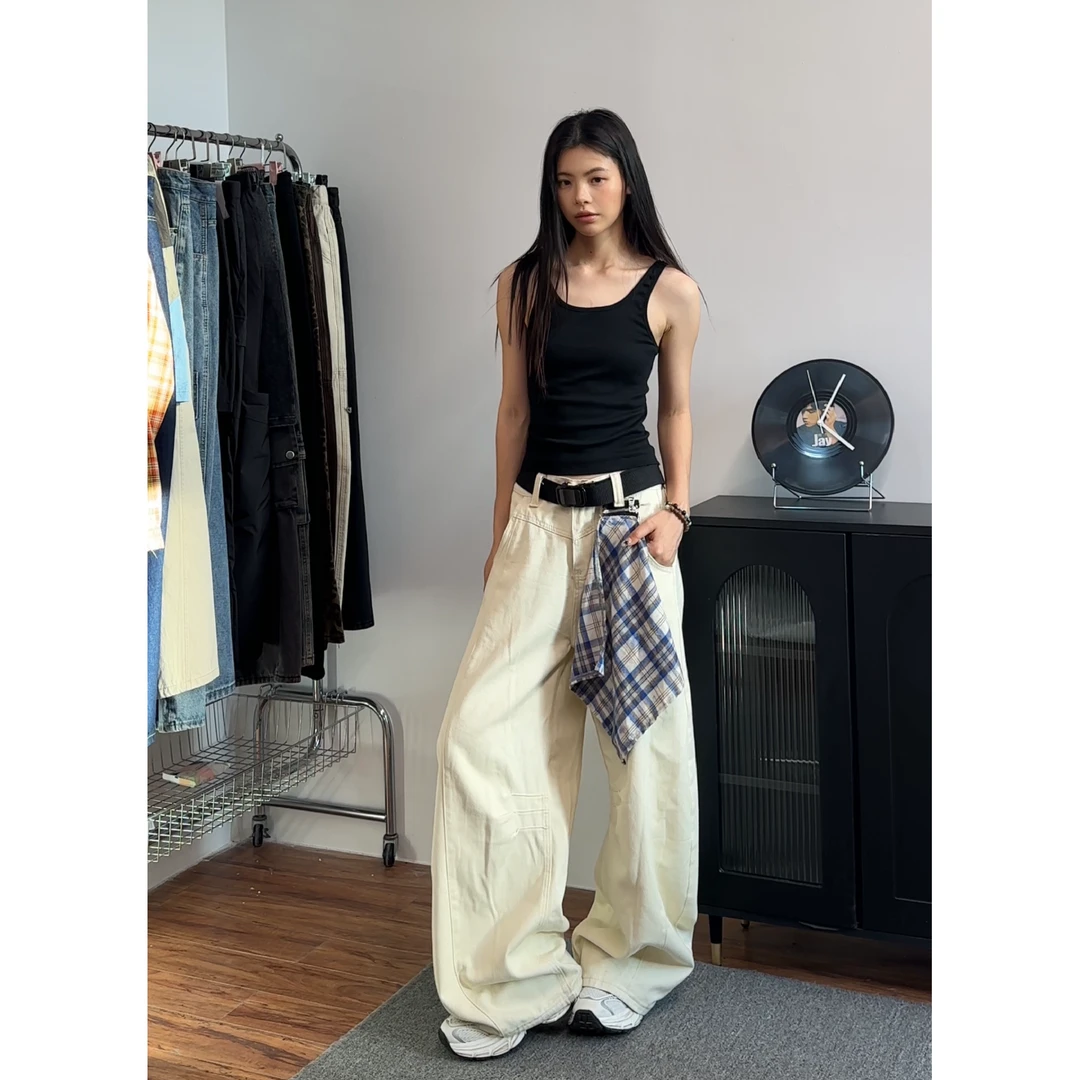 秋季新款水洗巴黎米白色美式弯刀ins牛仔裤男做旧百搭垂感镰刀裤