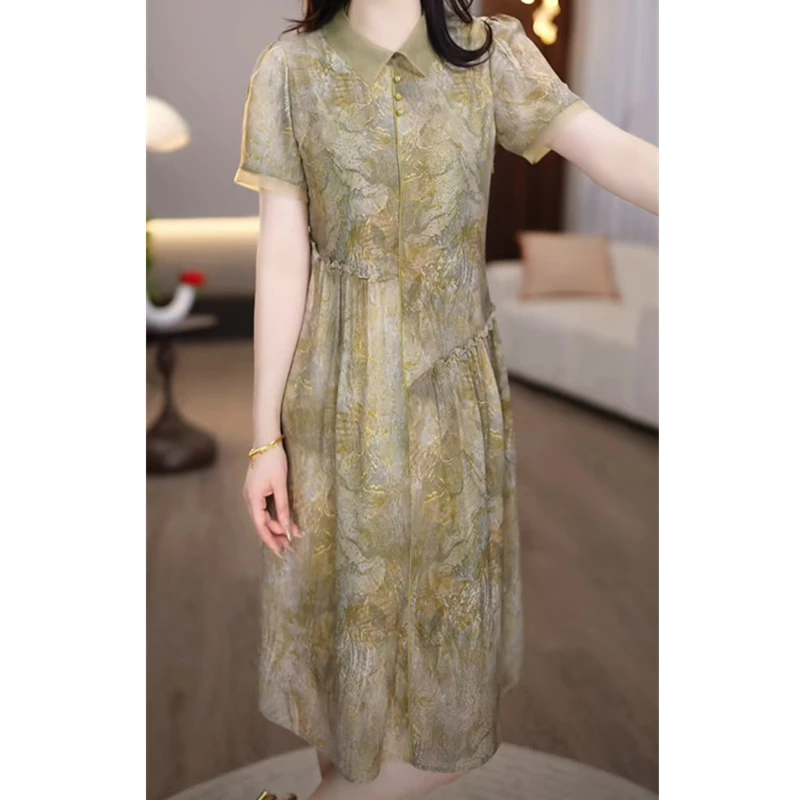 妈妈夏装短袖连衣裙时尚腰带印花裙子40岁50中老年女装藏肉裙裙子